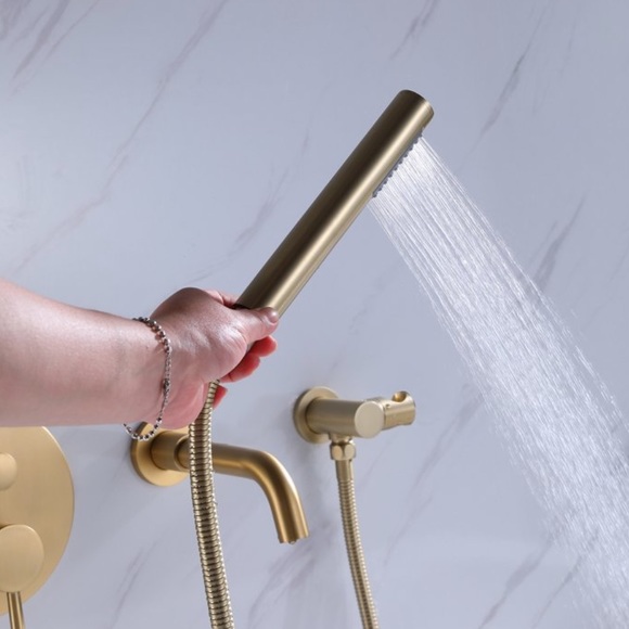 Rbrohant Brushed Gold Wall Mount Tub Faucet w Handheld Sprayer NWT - Picture 2 of 16